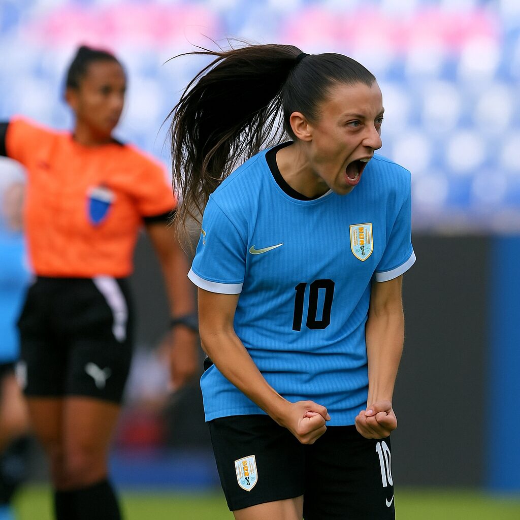 file 00000000117062439c6b33eb479a0742 Argentina women's football player celebrating goal against Chile in Copa América Femenina 2025 — emotional reaction with clenched fists