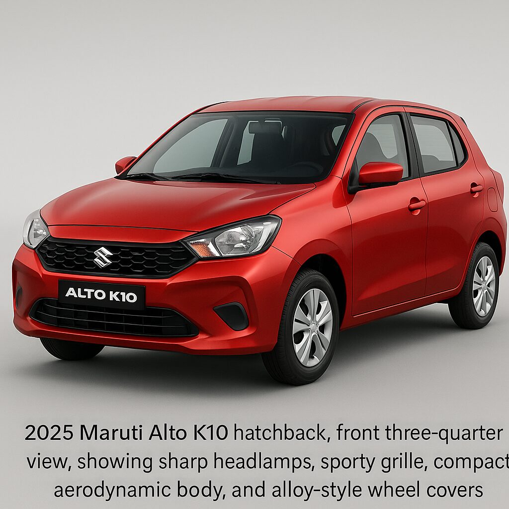 Maruti Alto K10 2025 – Front View in Red Color "2025 मारुति ऑल्टो K10 का फ्रंट व्यू – रेड कलर में शार्प हेडलाइट्स, नई ग्रिल और स्टाइलिश एयरोडायनामिक डिजाइन के साथ"