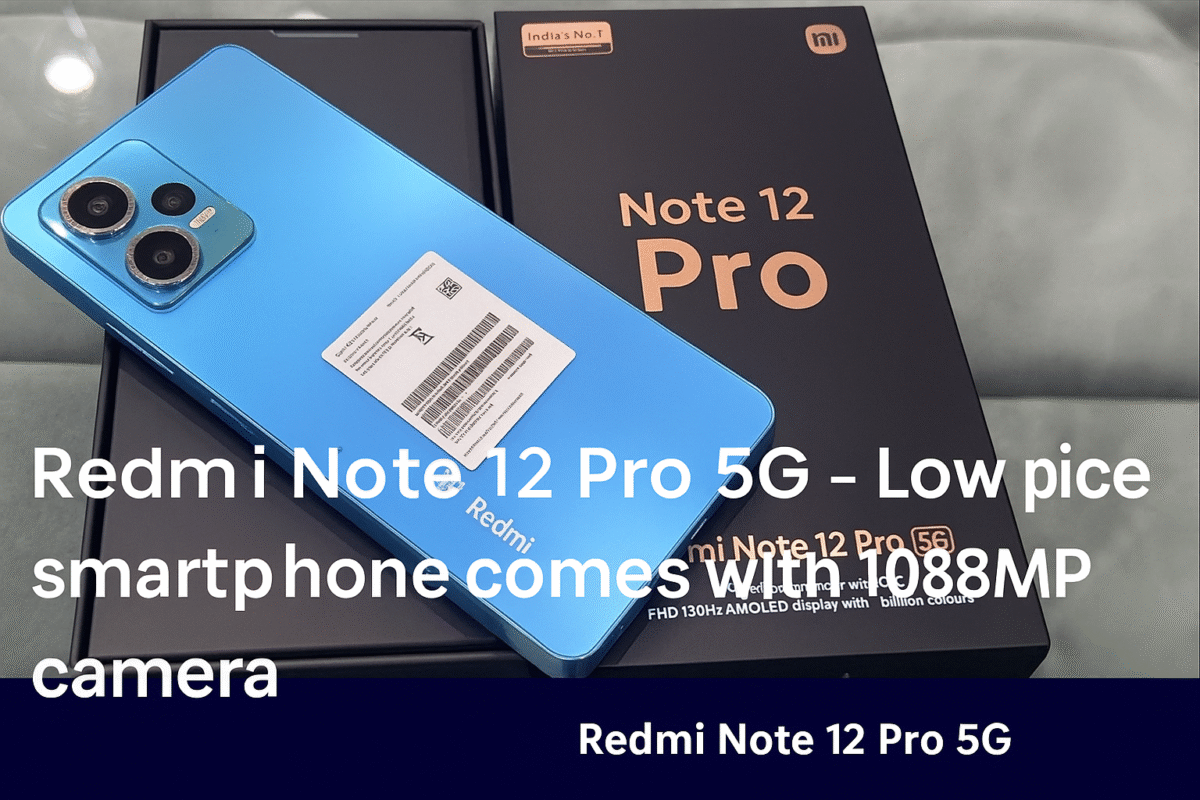 Redmi Note 12 Pro 5G in sky blue color placed on retail box showcasing triple camera module and sleek design